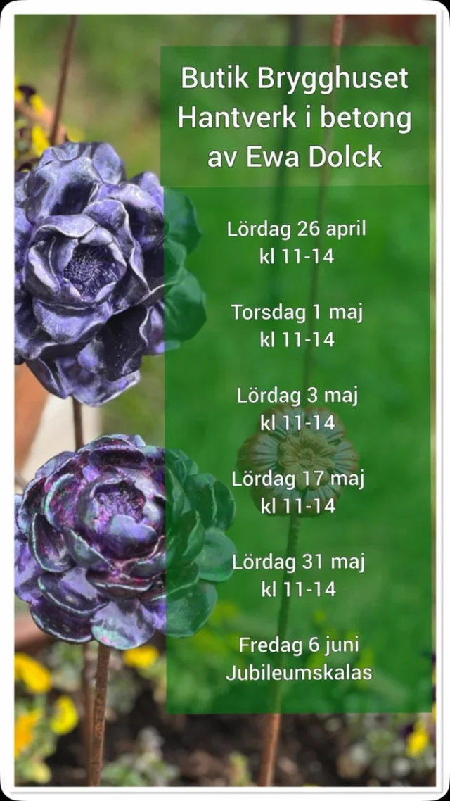 Ny helg och dags för butik Brygghuset att öppna  Lördag 26 april kl 11-14  Hantverk i betong av Ewa Dolck, Håstorp Längjum Fristad utanför Borås  Allt från trädgårdsdekorationer till vinglas och smycken alltid helt eller delvis i betong och skapat i egen verkstad  Observera att Butiken är enkel med nivåskillnader ute och inne. Jag har inte kundtoaletter eller café, bara mitt eget skapade hantverk helt eller delvis i betong  Betalning med Swish, kort eller kontant 
Självklart kvitto med moms !  Vill du komma annan dag och tid skickar du bara förslag på tid så löser vi det säkert. Jag är nästan alltid hemma, men har även kor o hundar …..  Därefter öppet  Torsdag 1 maj kl 11-14 obs extra öppet!!!
Lördag 3 maj kl 11-14
Lördag 17 maj kl 11-14
Lördag 31 maj kl 11-14
Fredag 6 juni Jubileumskalas  #vårgårda #bollebygd #ulricehamn #butikbrygghuset #herrljunga #sparsör #annorlundasmycken #borgstena #floby #Hantverk #svenskthantverk #sjuhärad #bredared #falköping #konsthantverkare #sjuhäradsbygden #Västergötland #borås #trädgårdsdekorationer #konsthantverk #hantverk #fristad #trädgårdsinspiration #jönköping