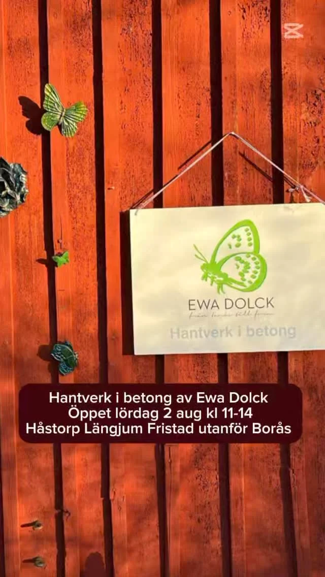 Hantverk i betong av Ewa Dolck, butik Brygghuset, Fristad öppet lördag 2 aug kl 11-14  Från trädgårdsdekorationer till smycken, alltid helt eller delvis i betong i Håstorp Längjum Fristad utanför Borås  Observera att Butiken är enkel med nivåskillnader ute och inne. Jag har inte kundtoaletter eller café, bara mitt eget skapade hantverk helt eller delvis i betong.  Parkering på anvisad plats med skylt  Betalning med Swish, kort eller kontant 
Självklart kvitto med moms !  Vill du komma annan dag och tid skickar du bara förslag på tid så löser vi det säkert. Jag är nästan alltid hemma, men har även kor o hundar mm men med en timme eller två framförhållning brukar det mesta gå att lösa !  Varmt välkommen !  🌼🌼🌼🌼🌼🌼🌼🌼🌼🌼🌼  #konsthantverkare #trädgårdsdekorationer #Hantverk #svenskthantverk #borås #sjuhäradsbygden  #trädgårdsmässan #floby #Västergötland #bollebygd #ulricehamn #bredared #butikbrygghuset #sparsör #herrljunga #borgstena #fristad #trädgårdsinspiration