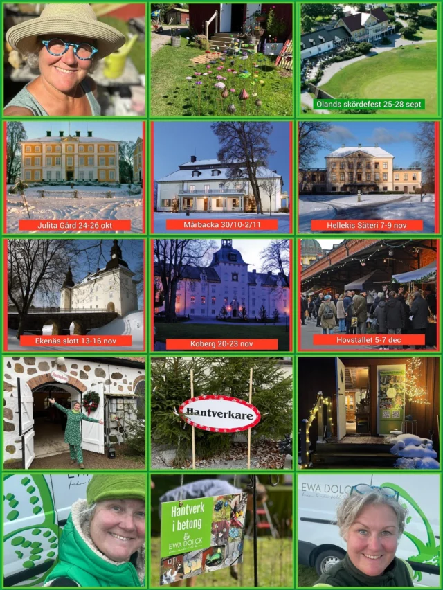 Det strömmar till många nya följare och jag vill berätta hur man kan möta mig och se mina alster framöver  Jag har ordinarie öppet i butiken lördagar kl 11-14 förutom om jag är på mässa. Under hösten är alltså undantagen :  25-28 sept Ölands skördefest 
24-27 okt Jul på @julitagard 
30/10-2/11 jul på @selmalagerlofsmarbacka 
7-10 nov Jul på Hellekis säteri 
13-16 nov Kul på @ekenasslott 
20-23 nov Jul på Kolberg slott 
5-7 dec jul på Hovstallet Stockholm  Dessa 7 mässor arrangeras av @svenska_slottsmassor  som jag reser med på höstarna sedan några år  Efter julmässorna kommer jag troligen ha öppet lördagar igen fram till jul, vi får se vilka tider…  Vill du komma annan dag och tid skickar du bara förslag på tid så löser vi det säkert. Jag är nästan alltid hemma, men har även kor o hundar mm men med en timme eller två framförhållning brukar det mesta gå att lösa !  Obs! Skicka SMS, Mail eller meddelande på Facebook/instagram eftersom jag sällan svarar i telefon på nr jag inte känner igen…..  #konsthantverkare #ewadolckab #Västergötland #ewadolckfråntanketillform #sjuhäradsbygden #ewadolck #borås #svenskaslottsmässor #ewadolckpåturné #Hantverk #sjuhärad #butikbrygghuset #ölandsskördefest #trädgårdsdekorationer #svenskthantverk #Slottsmässor #bollebygd #herrljunga #sparsör #bredared #borgstena #ulricehamn #floby #tidaholm #skövde #hjo #skaraborg #tibro #vårgårda #falköping