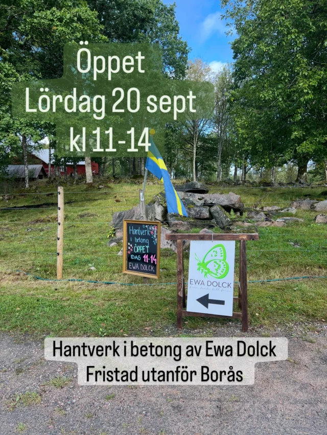 Hantverk i betong av Ewa Dolck, butik Brygghuset, Håstorp Längjum Fristad  utanför Borås  Öppet lördag 20 sept kl 11-14  Från trädgårdsdekorationer till smycken, alltid helt eller delvis i betong och skapat i egen verkstad  Observera att Butiken är enkel med nivåskillnader ute och inne. Jag har inte kundtoaletter eller café, bara mitt eget skapade hantverk helt eller delvis i betong.  Parkering på anvisad plats med skylt. Om det är fullt vid parkeringen vid butiken finns plats på den klippta ytan uppe i korsningen vid brevlådorna  Betalning med Swish, kort eller kontant 
Självklart kvitto med moms !  Vill du komma annan dag och tid skickar du bara förslag på tid så löser vi det säkert. Jag är nästan alltid hemma, men har även kor o hundar mm men med en timme eller två framförhållning brukar det mesta gå att lösa !  Obs! Skicka SMS, Mail eller meddelande på Facebook/instagram eftersom jag sällan svarar i telefon på nr jag inte känner igen…..  Varmt välkommen !  OBSERVERA !!!
Butiken stängd 27 sep (Ölands skördefest) och sen igen öppet lördagar kl 11-14 till och med 18 oktober, sen börjar julmässorna med @svenska_slottsmassor  25-28 september Ölands Skördefest på Ekerum Resort Öland  24-27 okt Jul på Julita gård
30/10-2/11 jul på Selma Lagerlöfs Mårbacka 
7-10 nov Jul på Hellekis säteri 
13-16 nov Kul på Ekenäs Slott
20-23 nov Jul på Koberg slott 
5-7 dec jul på Hovstallet Stockholm  Alla dessa mässor arrangeras av Svenska Slottsmässor och mer info om mässor, datum, tider mm hittar man på deras sociala medier ! In och följ så missar du inget !  🌼🌼🌼🌼🌼🌼🌼🌼🌼🌼🌼  #konsthantverkare #ewadolckab #Västergötland #ewadolckfråntanketillform #sjuhäradsbygden #ewadolck #borås #svenskaslottsmässor #ewadolckpåturné #Hantverk #sjuhärad #butikbrygghuset #ölandsskördefest #trädgårdsdekorationer #svenskthantverk #Slottsmässor #bollebygd #herrljunga #sparsör #bredared #borgstena #ulricehamn #floby #tidaholm #skövde #hjo #skaraborg #tibro #vårgårda #falköping